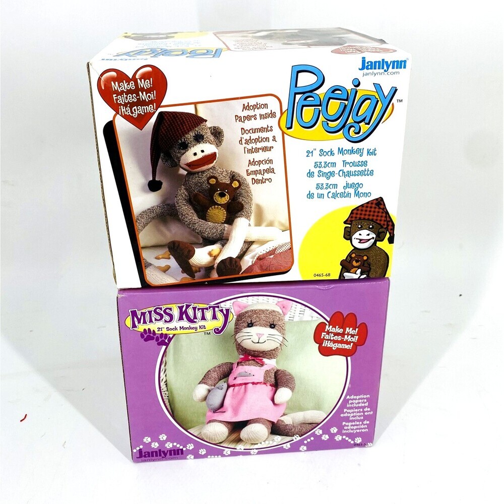 Set of 2 Janlynn Vintage Sock Monkey DIY kit Peejay & Ms Kitty Plush Craft Kits